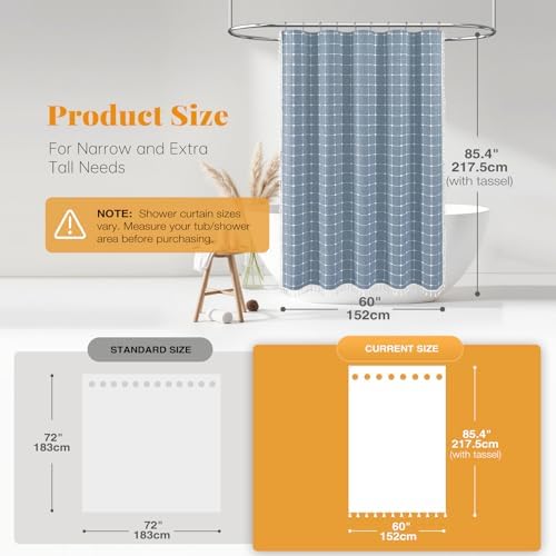 BTTN 60x84 Boho Farmhouse Linen Heavy Duty Fabric Shower Curtain Set, Blue