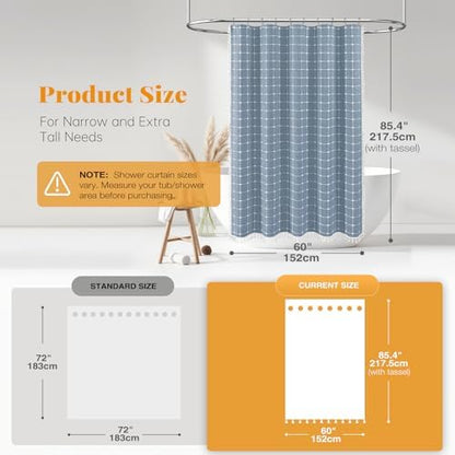 BTTN 60x84 Boho Farmhouse Linen Heavy Duty Fabric Shower Curtain Set, Blue