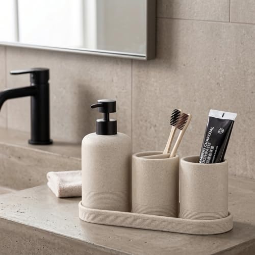 Bathroom Accessories Set, Simple Sandstone Look, Beige, 4 PCS
