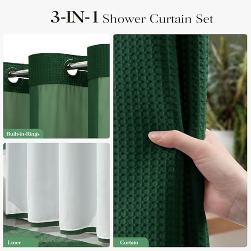 Dynamene Dark Green Hook Free Waffle Shower Curtain & Snap-in Liner,72x81