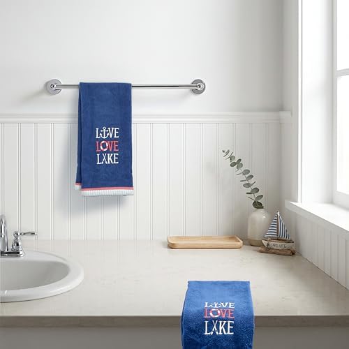 Ritz 2-Piece Cotton Velour Bathroom Hand Towel Set, Embroidered Live Love Lake Design, Soft Navy Blue Nautical Decorative Towels for Lake House, Cottage, Cabin Decor, 16” x 26”