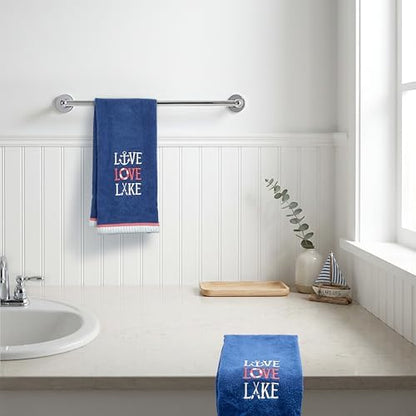 Ritz 2-Piece Cotton Velour Bathroom Hand Towel Set, Embroidered Live Love Lake Design, Soft Navy Blue Nautical Decorative Towels for Lake House, Cottage, Cabin Decor, 16” x 26”