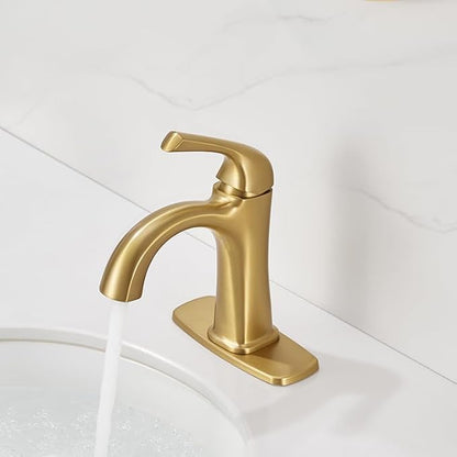 Brushed Gold Bathroom Faucet Single Hole Bathroom Faucet | Sink Faucet for Bathroom Vanity One Hole, with Pop Up Drain & Deckplate Farmhouse