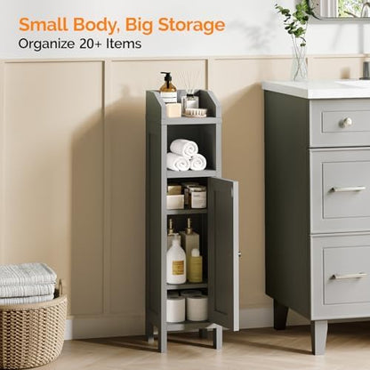 VINGLI Small Storage Corner Floor Cabinet, 7.9" Narrow Toilet Paper Storage Holder with Vertical Striped Door, Skinny Freestanding Organizer for Small Spaces, Slim Bathroom Storage Cabinet, Grey