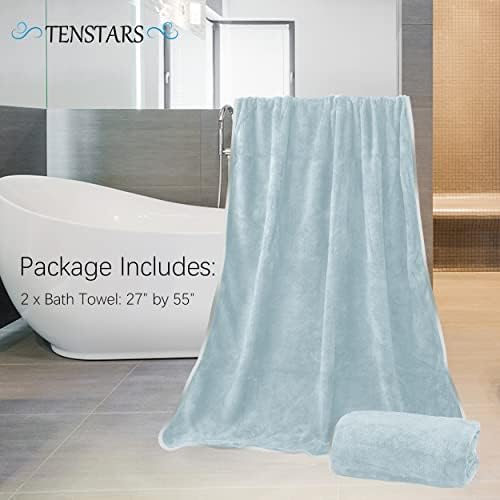 TENSTARS Silk Hemming Bath Towels for Bathroom Clearance - 27 x 55 inches - Light Thin Quick Drying - Soft Microfiber Absorbent Towel for Bath Fitness, Sports, Yoga, Travel, Gym - 2 Pack, Light Teal