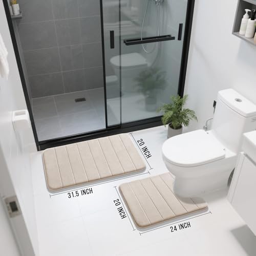 Yimobra Memory Foam Bathroom Mat Set, 31.5 x 20 & 24 x 20 in, Beige