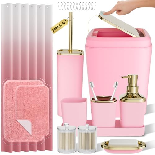 XLHOMO Bathroom Accessory Set - 24PCS Luxury Bathroom Accessories Set, Bathroom Sets with Shower Curtain and Rugs, Pink Bathroom Set with Trash Can, Toothbrush Holder & Soap Dispenser for Home Decor