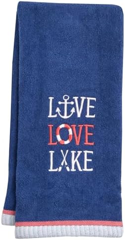 Ritz 2-Piece Cotton Velour Bathroom Hand Towel Set, Embroidered Live Love Lake Design, Soft Navy Blue Nautical Decorative Towels for Lake House, Cottage, Cabin Decor, 16” x 26”