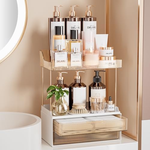 Delamu 4-Tier Makeup Organizer, Bathroom Counter Storage, 2 Drawers, Amber