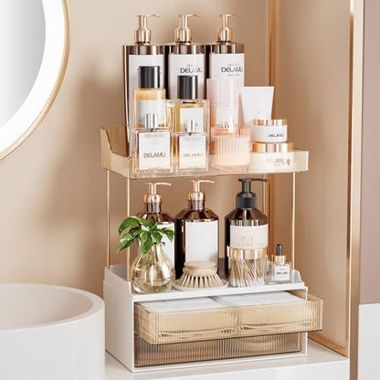 Delamu 4-Tier Makeup Organizer, Bathroom Counter Storage, 2 Drawers, Amber