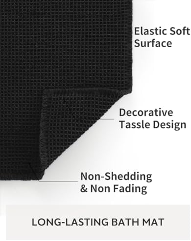 tchdio Waffle Bath Mat Rug, Super Absorbent Non Slip Bath Mats Ultra Soft Bathmat Machine Washable Bathroom Rugs with Tassels, Bath Rugs for Bathroom Floor Beside Tub, 24" x 36", Black