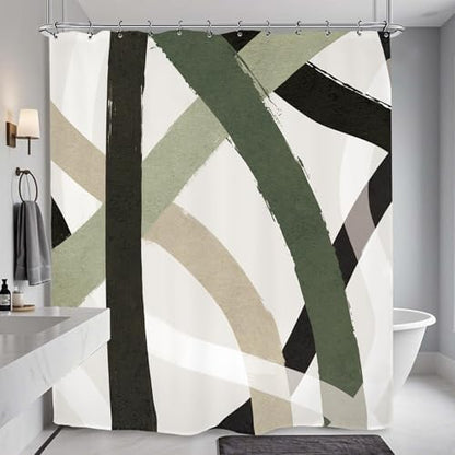 Abstract Sage Green Black Shower Curtain 60Wx72L Inch Line Minimalist Contemporary Modern Simple Art Bathroom Set Accessories Decor with 12 Pack Hooks
