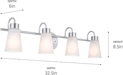 Kichler Erma 4-Light Bathroom Vanity Light Fixture with Clear Satin Etched Glass, Updated Traditional Wall Light in Brushed Nickel, (32.5" x 8.5")
