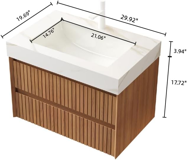 30" Bathroom Vanity with Sink, Modern Bathroom Floating Vanity with Travertine-Pattern Sintered Stone Top & Ceramic Undermount Basin, Pre-Assembled W/2 Drawers, Espresso/W