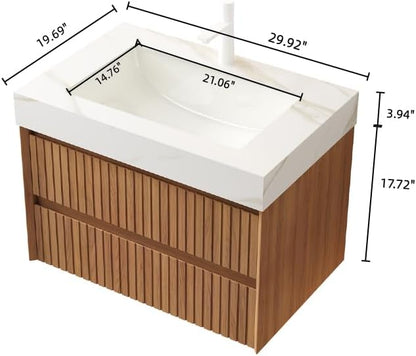 30" Bathroom Vanity with Sink, Modern Bathroom Floating Vanity with Travertine-Pattern Sintered Stone Top & Ceramic Undermount Basin, Pre-Assembled W/2 Drawers, Espresso/W
