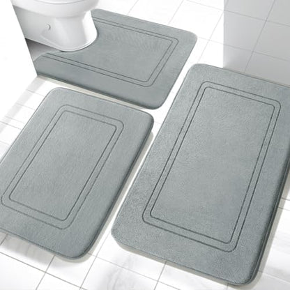 YIHOUSE Memory Foam Bath Mat Set, Non Slip Bath Mats for Bathroom, Super Soft and Water Absorbent Bath Rug Set, Machine Washable U Shape Toilet Mats, Light Grey