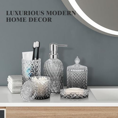 Bathroom Accessories Set, 5Pcs Bathroom Soap Dispenser Set, Glass Bathroom Accessories with Glass Soap Dispenser, Soap Dish, Toothbrush Holder, Tumbler, Qtip Holder