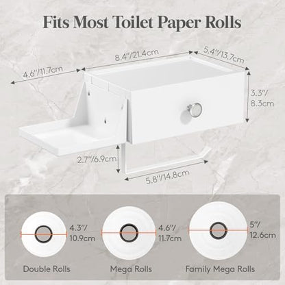Lifewit Toilet Paper Holder Wall Mount with Shelf & Drawer, White, 2 Pack