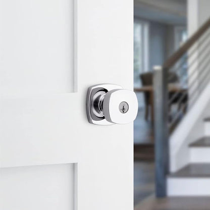 Kwikset Arroyo Knob Entry Door Knob with Lock and Key, Secure Keyed Handle Exterior Doorknob, Front Entrance and Bedroom, Polished Chrome, Pick Resistant SmartKey Rekey Security