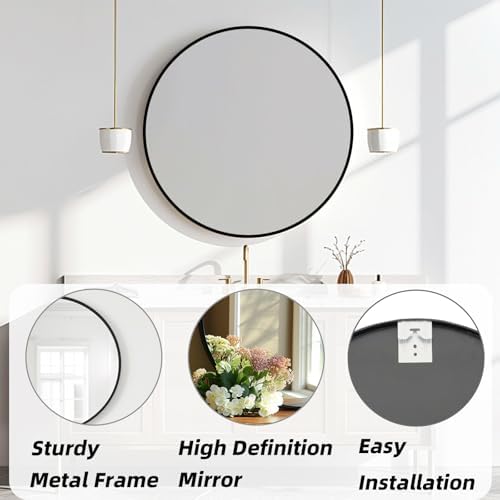 Circle Mirror 22 inch, Black Round Mirror, Matte Black Metal Frame