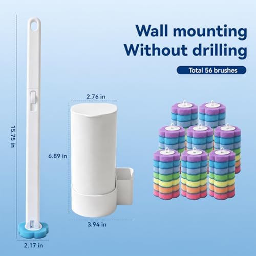 2-Pack Disposable Toilet Brush with 56 Refills, Toilet Cleaning System Starter Kit,Wall-Mounted Space-Saving Brush Set for Deep Bathroom, RV, and Home Cleaning
