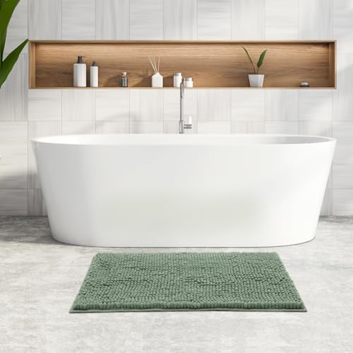 FRESHMINT Large Chenille Bathroom Rugs Mat 36"x24", Non-Slip Bath Mat for Bathroom Floor & Bathtub, Washable Shower Shag Bath Rugs, Soft Fluffy Thick Water Absorbent Microfiber Shower Mat, Sage Green
