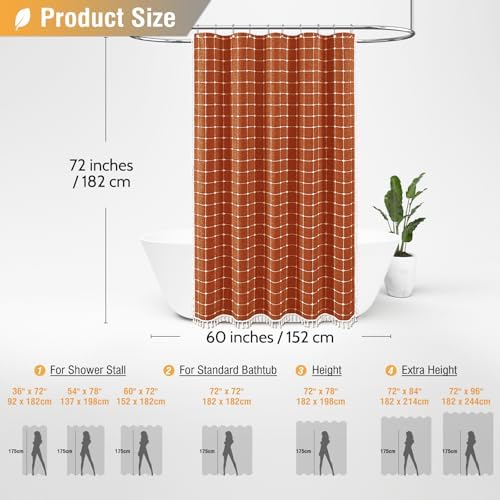 BTTN 60x72 Boho Farmhouse Linen Heavy Duty Shower Curtain Set, Burnt Orange