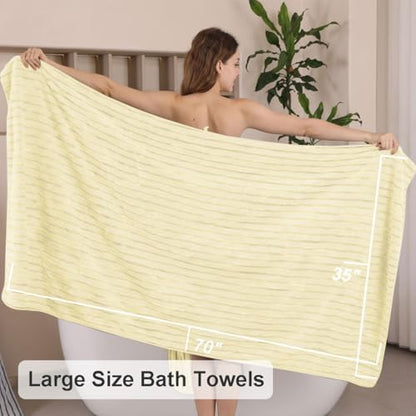 4 Pcs Light Yellow Cabana Stripe Large Bath Towels 35"x70" Oversized Bath Sheet Soft Breathable Jumbo Bathroom Towels Highly Absorbent Shower Towel Quick Dry Beach Chair Towel Spa Gym Hotel Towel Set