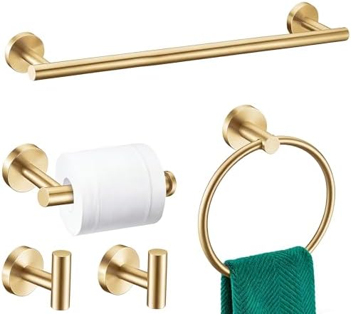 5 Pieces Brushed Gold Bathroom Hardware Accessories Set, SUS304 Stainless Steel 24 Inch Bath Towel Bar Set, Round Bathroom Towel Holder Set, Towel Racks for Bathroom Wall Mounted