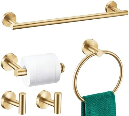 5 Pieces Brushed Gold Bathroom Hardware Accessories Set, SUS304 Stainless Steel 24 Inch Bath Towel Bar Set, Round Bathroom Towel Holder Set, Towel Racks for Bathroom Wall Mounted
