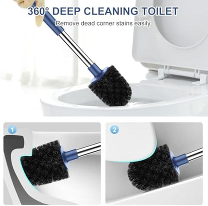 SetSail Toilet Brush and Holder 3 Pack, Self Closing Lid Toilet Bowl Brushes Holder Extra Long Handle Ventilated Toilet Brush Set for Bathroom Cleaning, Nylon Bristles, Dark & Blue