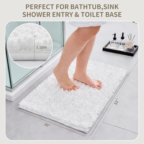 Bathroom Rugs Non Slip Washable 32x20, Extra Thick Soft Chenille Absorbent Bath Mat, High Density Barrier Non Slip Backing, Quick Dry Plush Shaggy Floor Carpet for Tub&Shower, White