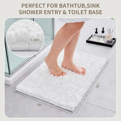 Bathroom Rugs Non Slip Washable 32x20, Extra Thick Soft Chenille Absorbent Bath Mat, High Density Barrier Non Slip Backing, Quick Dry Plush Shaggy Floor Carpet for Tub&Shower, White