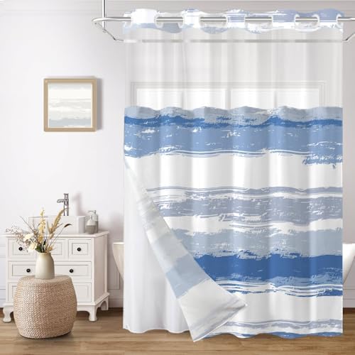 No Hook Shower Curtain with Liner, Navy Blue Stripe, 71x84 Inch