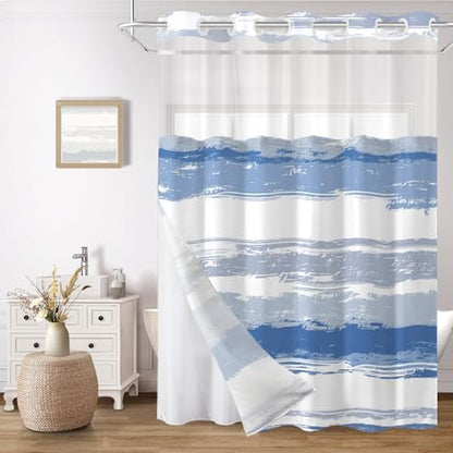 No Hook Shower Curtain with Liner, Navy Blue Stripe, 71x84 Inch