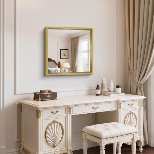 Bathroom Mirror, 24 x 24 inch Natural Wood Grain Colored Aluminum Metal Frame Bathroom Vanity Mirror, Square Wall Mirror for Bedroom Living Room, Tempered Glass,Anti-Rust