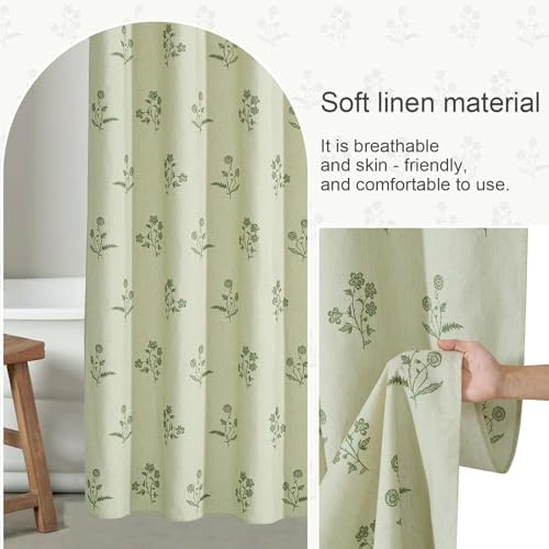 ORTIGIA Farmhouse Vintage Sage Green Floral Shower Curtain Block Print Linen Shower Curtains Set Boho Cottagecore Rustic Decor for Bathroom 72 W x 72 L