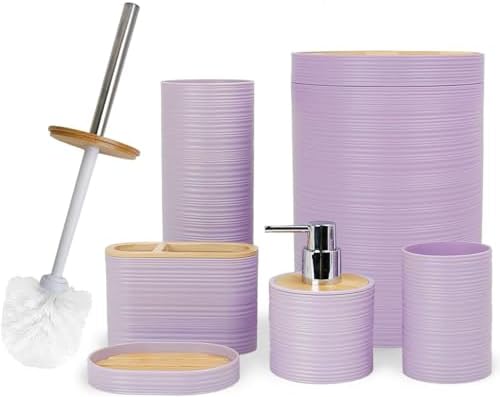 CERBIOR Bamboo Bathroom Accessories Set 6 Piece Spiral Bath Ensemble,Purple