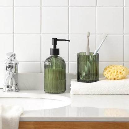4PCs Heavy Weight Decent Glass Bathroom Accessories Set with Decorative Pressed Pattern - Includes Hand Soap Dispenser & Tumbler & Soap Dish & Toothbrush Holder (Green)