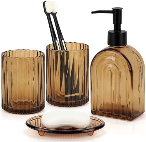 Bathroom Accessories Set, 4Pcs Glass Bathroom Accessories Set Complete, 13.5OZ Lotion Soap Dispenser, Toothbrush Holder, Mouthwash Cup, Soap Dish for Bathroom Decor, Countertop Organizer (Amber)
