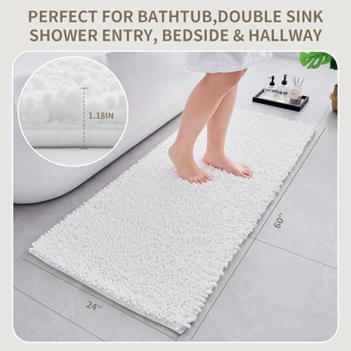 Bathroom Rugs Non Slip Washable 60x24, Extra Thick Soft Chenille Absorbent Bath Mat, High Density Barrier Non Slip Backing, Quick Dry Plush Shaggy Floor Carpet for Tub&Shower, White
