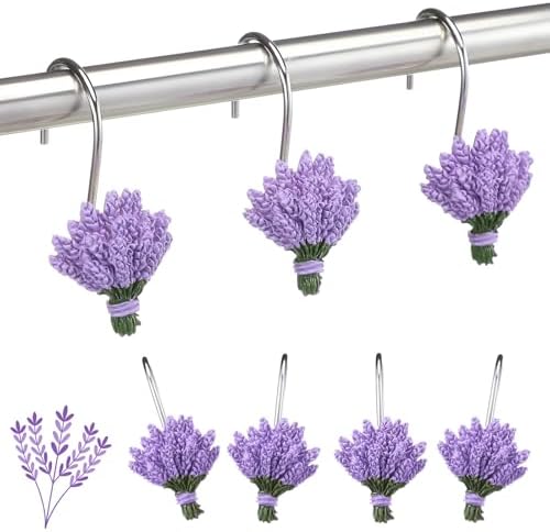 Amyhill 12 Pcs Lavender Shower Curtain Hooks Purple Floral Decorative Hooks Rings Bulk Cute Hanger Stainless Steel Resin Spring Flower Themed Shower Hook for Bathroom Bedroom Home Living Room Decor