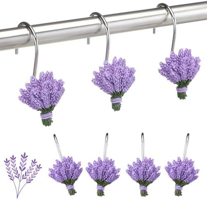 Amyhill 12 Pcs Lavender Shower Curtain Hooks Purple Floral Decorative Hooks Rings Bulk Cute Hanger Stainless Steel Resin Spring Flower Themed Shower Hook for Bathroom Bedroom Home Living Room Decor