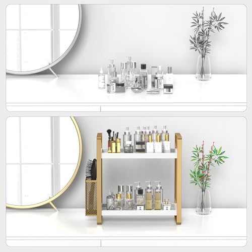 LEMIKKLE Bathroom Counter Organizer with Basket, Perfume,Makeup Organizers for Vanity,Storage Organizers for Bathroom, Kitchen, Dresser（White）