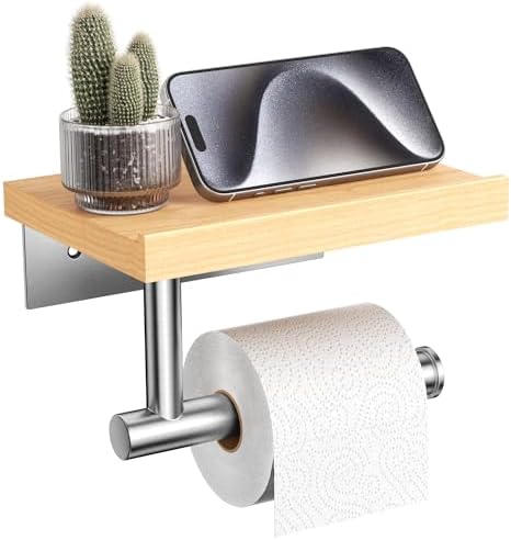 Tindbea Toilet Paper Holder with Wood Shelf, Wooden Wall Mount Tissue Paper Roll Holder, Brushed Nickel Stainless Steel Bathroom Accessories Decor for Home (Maple, Brushed Nickel)