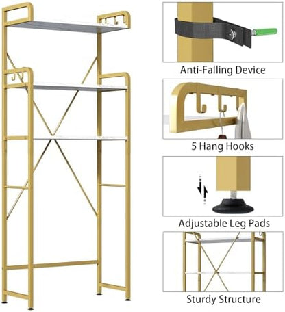 Over The Toilet Storage Rack with 3-Tier Shelves, Space Saver Toilet Shelf, Laundry Organizer with Hooks for Over Toilet Storage and Space Saver (White & Gold)