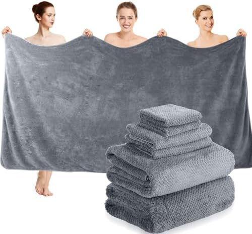 Peryiter 6 Pcs Bath Towel Set, Oversized Bath Sheet for Adults, Gray