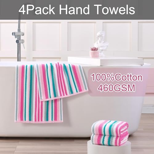 VOOVA & MOVAS Striped Hand Towels 4 Pack, 100% Cotton, 16x27 in, Pink Teal