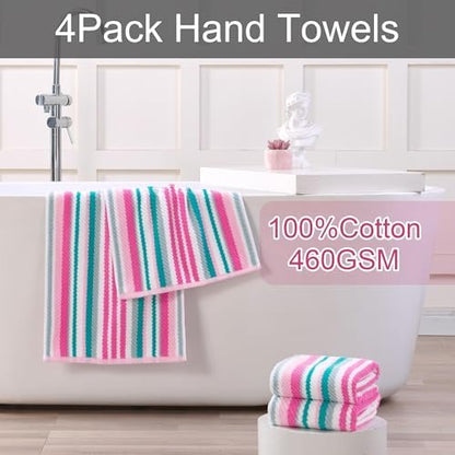 VOOVA & MOVAS Striped Hand Towels 4 Pack, 100% Cotton, 16x27 in, Pink Teal