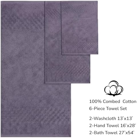 Feather & Stitch 100% Cotton 625 GSM Bath Towel Set of 6, Ultra Soft Highly Absorbent 2 Bath Towels, 2 Hand Towels & 2 Washcloth - Luxury Quick Dry Shower Towels (Grape)